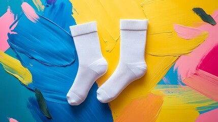 White socks showcased on a vibrant backdrop, ready for your message. Perfect for both women and men, these socks add a splash of style and comfort to any wardrobe. 