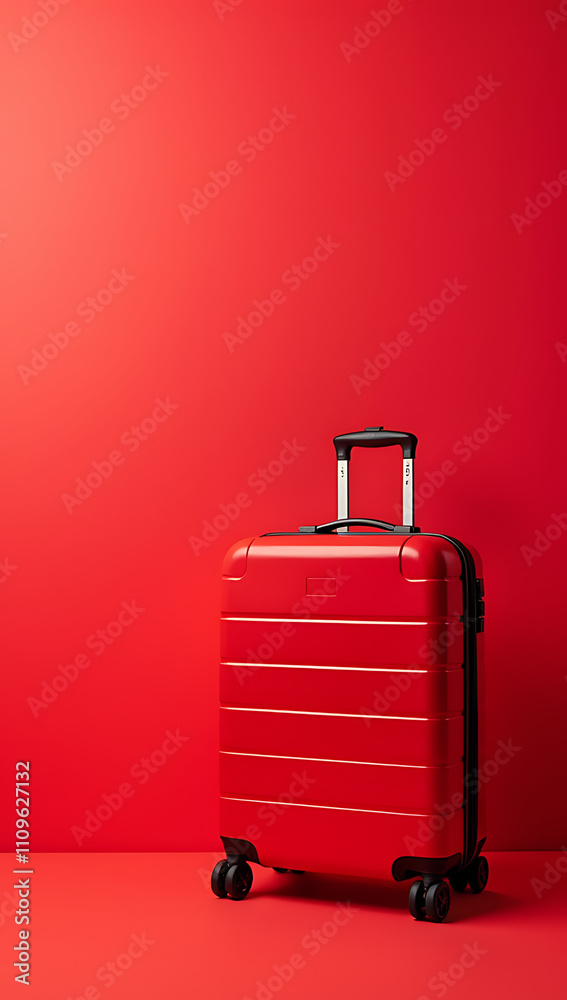 Poster A trendy red suitcase sits atop a vibrant red background, perfect for showcasing promotional content with ample space for text overlay._00004_