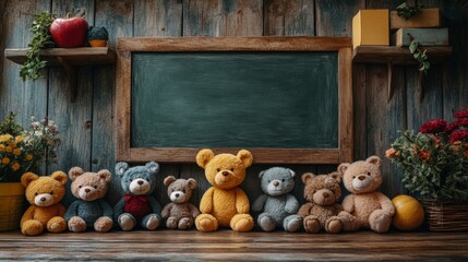 A charming array of colorful teddy bears, each with its own personality, brightens a rustic wooden backdrop with floral touches