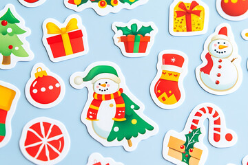 A vibrant set of Christmas-themed stickers, showcasing colorful illustrations of festive elements. The designs include beautifully wrapped gifts, cheerful snowmen, decorated Christmas trees