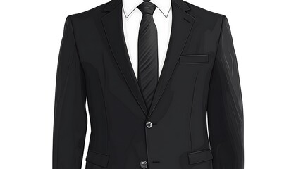 Refined black business suit, meticulously illustrated, white background, showcasing high-definition detail, 32k resolution