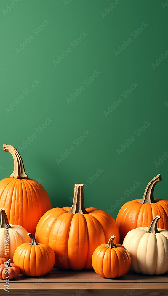 Poster a vibrant display of assorted ripe pumpkins and classic fall items against a green isolated backgrou