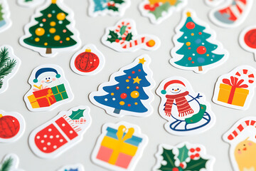 A vibrant set of Christmas-themed stickers, showcasing colorful illustrations of festive elements. The designs include beautifully wrapped gifts, cheerful snowmen, decorated Christmas trees