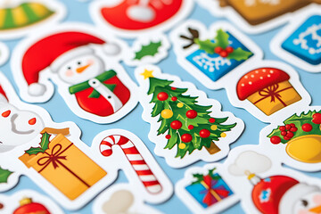 A vibrant set of Christmas-themed stickers, showcasing colorful illustrations of festive elements. The designs include beautifully wrapped gifts, cheerful snowmen, decorated Christmas trees