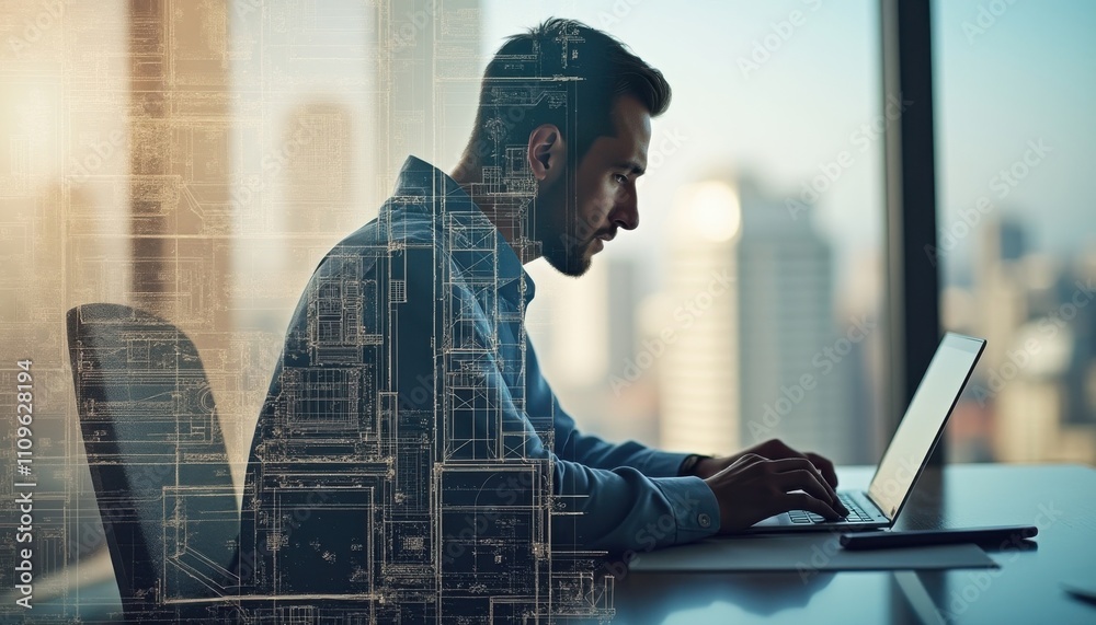 Aufkleber elegant double exposure showing a business developer working intently in a high-rise office during d
