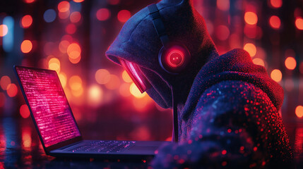 Hacking and malware concept. Faceless hacker using abstract laptop with binary code digital interface.