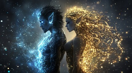 Naklejka premium illustration of a two spirits blue flame that is an extremly handsome slightly strong male with black long hair, shaved on one side, fae ear, and golden flame that is a beautiful young woman.