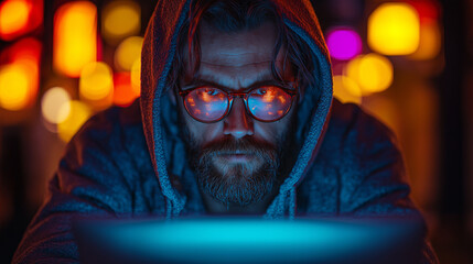 hacker at computer data reflecting in eyeglasses