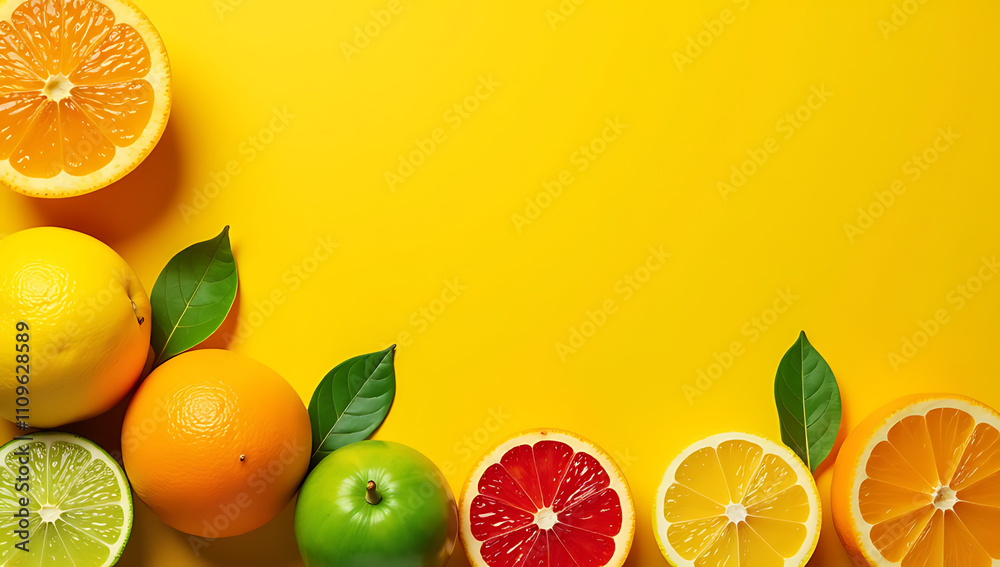 Poster Colorful citrus fruits in various shapes and colors are arranged on a bright yellow background with plenty of empty space left around them._00001_
