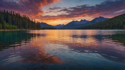 Fototapeta premium Sunset on Lake in the mountains. Landscape