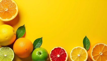 Colorful citrus fruits in various shapes and colors are arranged on a bright yellow background with plenty of empty space left around them._00001_
