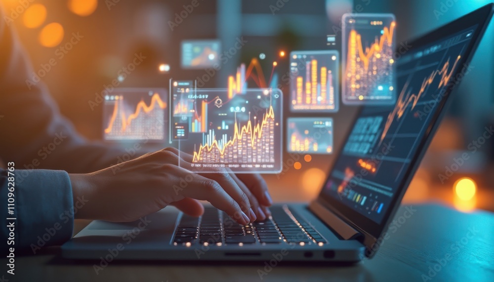 Poster high-tech concept showcasing data analysis and development through an advanced laptop interface