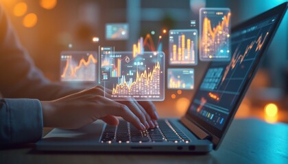 High-tech concept showcasing data analysis and development through an advanced laptop interface