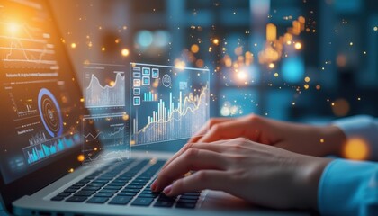 Dynamic interaction with futuristic data visualization in a modern workspace enhancing development insights