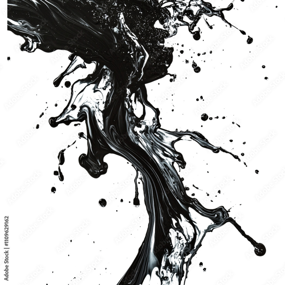 Poster dynamic black liquid splash with intricate patterns and droplets, creating striking visual effect ag