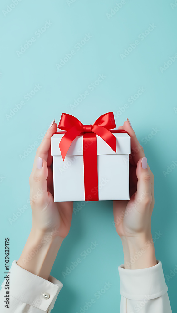 Poster female hands hold a small, white giftbox with a red ribbon bow on a soft pastel blue background with