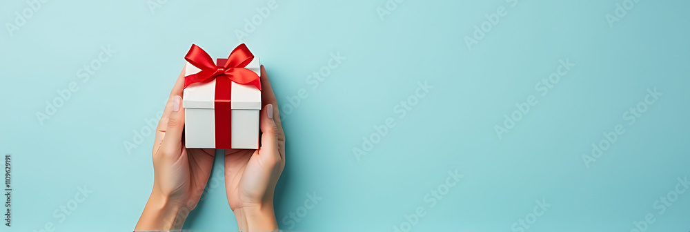 Poster female hands hold a small, white giftbox with a red ribbon bow on a soft pastel blue background with