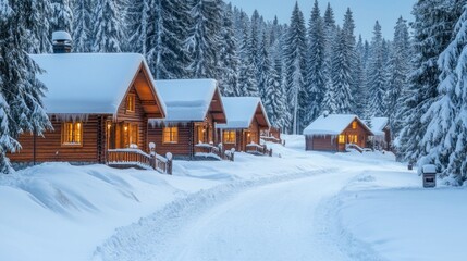 Fototapeta premium Snow-Covered Cabins in a Winter Forest at Twilight