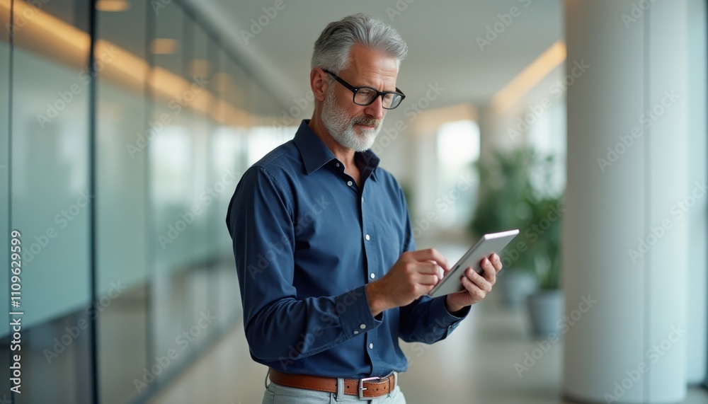 Aufkleber middle aged man using a tablet in a modern office setting during daylight hours