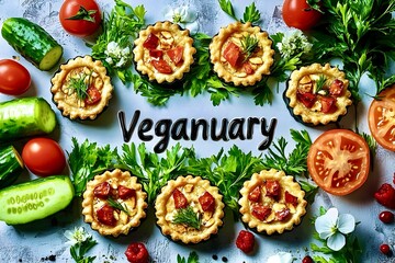 Colorful vegan arrangement with fresh vegetables and savory snacks on a light background with the word Veganuary in the center