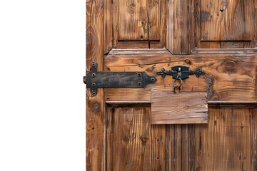 Rustic wooden door with sign home entrance photo natural light details focused