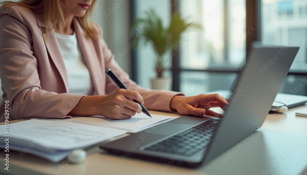 Aufkleber Close up of a middle aged person writing notes while working on a laptop in a bright office during the day