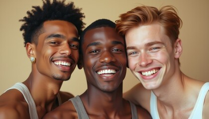 Multicultural group of three friends smiling together, showcasing unity and joy in a lighthearted moment