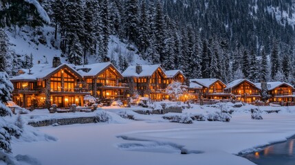 Fototapeta premium Illuminated Cabin Homes in a Snowy Winter Forest
