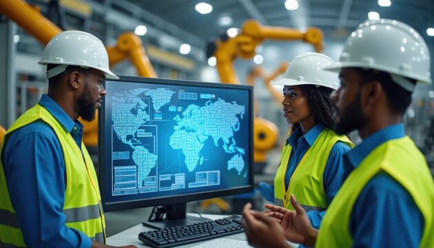 Three diverse team members collaborate on a project in a modern industrial setting with robotic arms