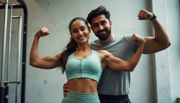 Young Indian couple showcasing strength in workout gear during an indoor fitness session