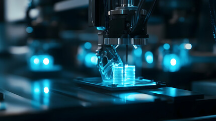 Fototapeta premium A 3D printing machine creating a glowing translucent object, symbolizing innovation in additive manufacturing technology.