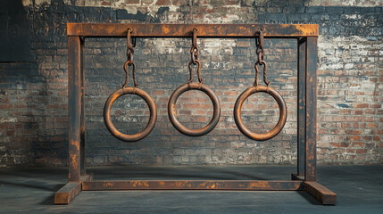 Naklejka premium Drewniane pierścienie do ćwiczeń zamontowane na masywnej, stalowej ramie, podkreślające harmonię funkcjonalności i minimalistycznego, industrialnego stylu.