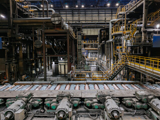 Rolled metal factory. Roller conveyor of metal rolling mill