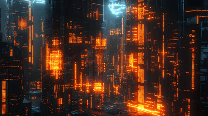 Fototapeta premium A glowing futuristic cityscape with orange lights and digital skyscrapers, symbolizing technological advancement and innovation.