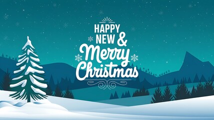  A snowy winter landscape with a pine tree and the text Happy New & Merry Christmas against a teal blue sky with twinkling stars, 2025, new year, Christmas manner, poster, created with generative ai