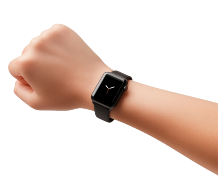 Hand with a smartwatch on the wrist, isolated on a transparent white background.