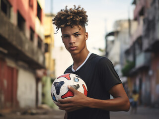 Young Brazilian soccer player holding football in favela outdoors