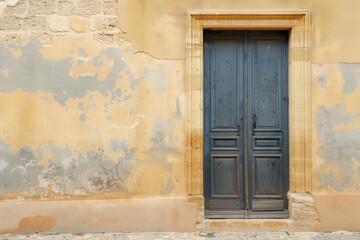 Exploring a french door with a rustic sign in an aged architectural setting