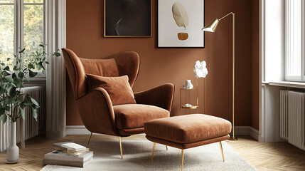 A brown chair with a footstool is in a room with a brown wall