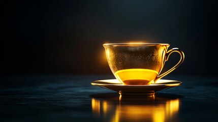 A beautifully lit golden tea cup sits elegantly on a saucer, casting warm reflections against a dark backdrop.