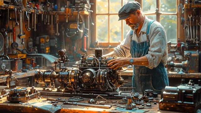 Vintage Mechanic Working on a Complex Engine in a Workshop