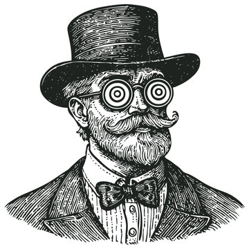 Retro man wearing a top hat and hypnotist glasses, engraving style, vector illustration
