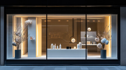 Chic storefront display featuring luxury cosmetics, minimalist design