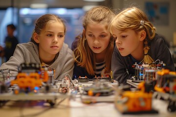 Fototapeta premium Three girls engaged in hands-on robotics education and creative learning.