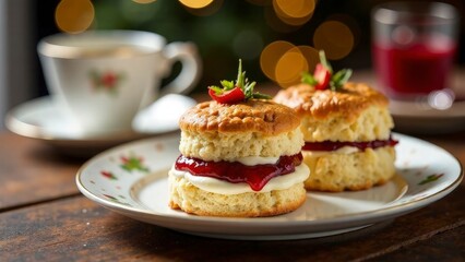 Elegant British tea set with scones, clotted cream, and jam, Christmas decor