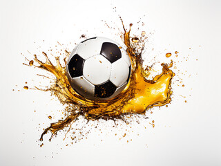 Soccer ball splashing into beer on a white background for a unique effect