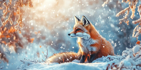 "Illustration of a Fox in a Snowy Winter Landscape