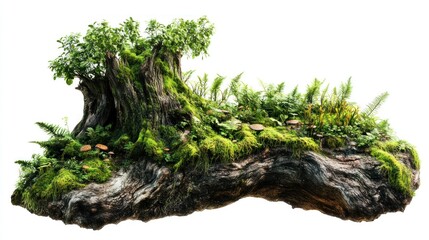 Vibrant Forest Scene Depicting Ancient Tree Stump Surrounded by Lush Greenery, Ferns, and Colorful Mushrooms in a Peaceful Natural Environment