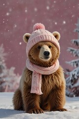 A cute bear dressed in a pink, standing in a serene snowy landscape, exuding warmth and charm amidst the peaceful winter snowfall