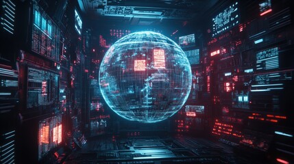 Fototapeta premium Futuristic digital globe in a high-tech server room.